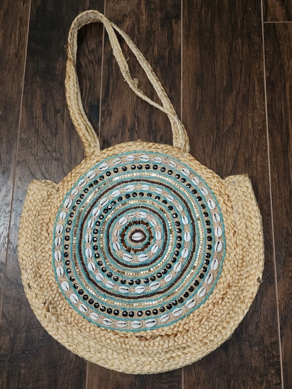 Antik Kraft Round Straw Tote with Teal and Black Embroidery